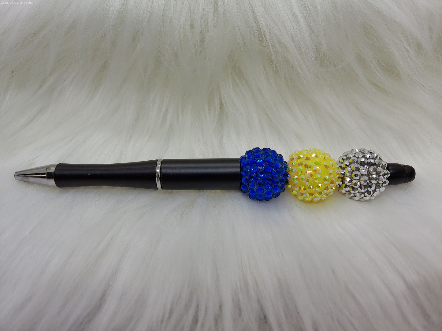 Blue, yellow and silver rhinestone beaded pen